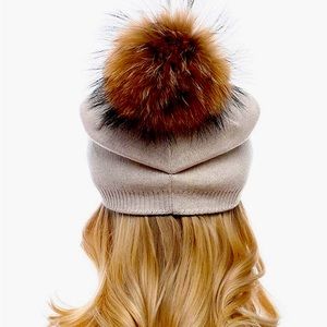 tan/beige slouchy beanie with fur pom